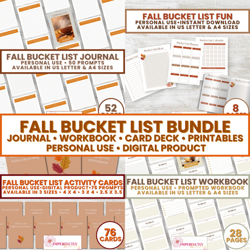 Collage of products from the Fall Bucket List Bundle, featuring a journal, workbook, card deck, and printables. These are available in multiple sizes for personal use.