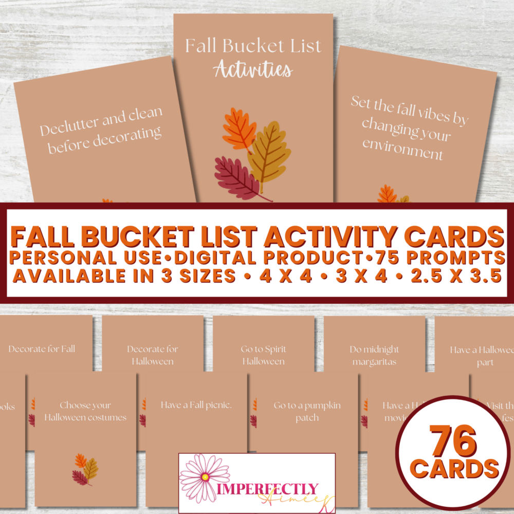 Explore the "Fall Bucket List Activity Cards," featuring 76 engaging prompts ideal for personal enjoyment, offered in three practical sizes. Delve into categories such as decluttering and Halloween activities to fully embrace your autumn experiences!