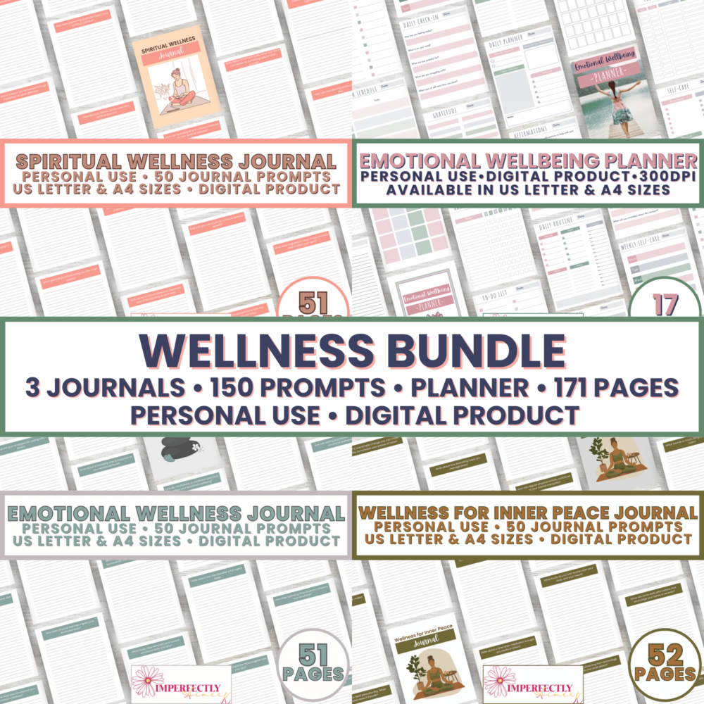 Graphic showcasing the Wellness Bundle, which includes an Emotional Wellbeing Planner and three journals. This digital product, available for personal use, offers a total of 171 pages and 150 prompts to support your mental clarity and emotional balance.