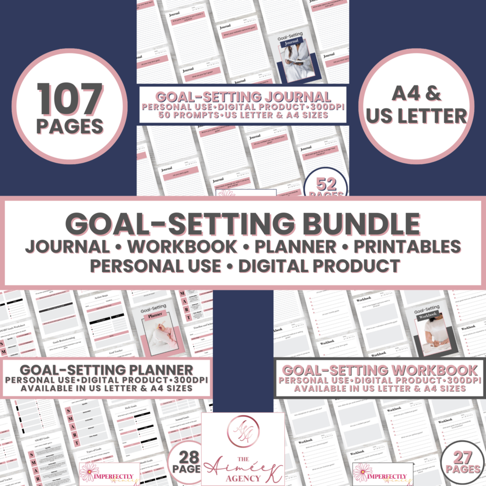 Explore our Goal-Setting Bundle, a wellness collection containing a journal, workbook, and planner available in A4 and US letter sizes. This bundle offers 107 pages, 50 prompts, and assorted layouts ideal for personal use or creating digital products.