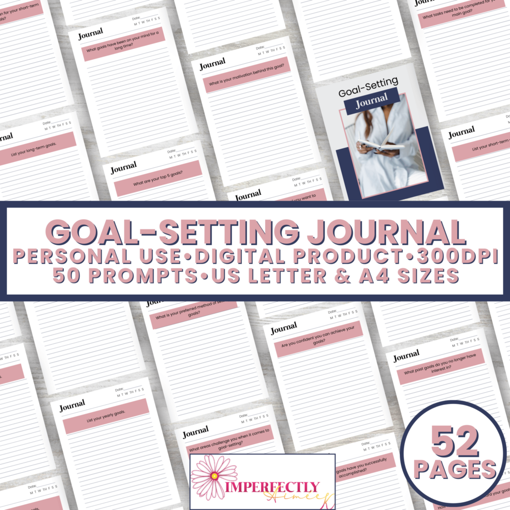 The "Goal-Setting Journal" image showcases various journal page templates featuring prompts. It includes the text: "Personal Use, Digital Product, 300DPI, 50 Prompts for goal-setting and self-care, US Letter & A4 Sizes, 52 Pages.