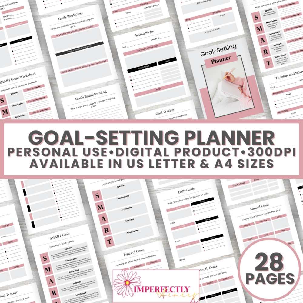 Goal-Setting Planner package showcasing various worksheets and a cover. Contains pages for SMART goals, along with daily, monthly, and annual goal planning. Crafted to enhance your mental wellness journey. Available in US Letter and A4 sizes with a total of 28 pages.