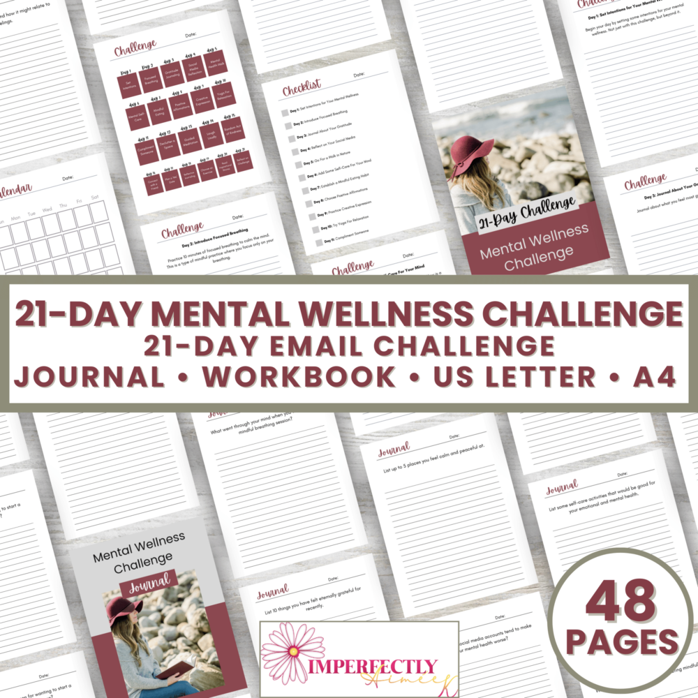 Explore a sneak peek of the "21-Day Mental Wellness Challenge" journal and workbook. This 48-page Goal-Setting Bundle includes calendar pages, lined sheets, and prompts, and is suitable for both US Letter and A4 sizes.