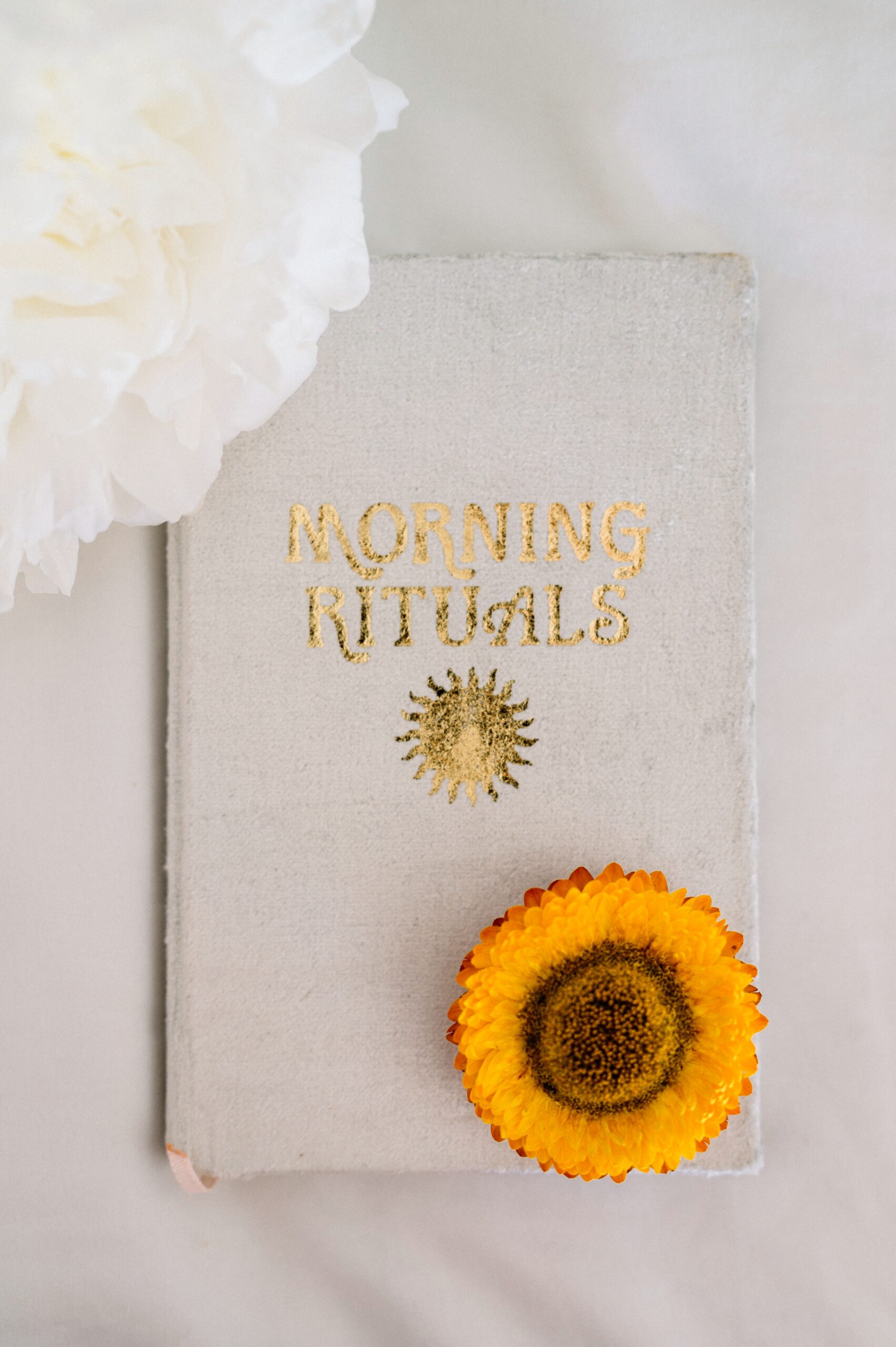 A journal titled "Morning Rituals" with gold lettering and a sun symbol, placed on a white surface with a yellow flower at the bottom and a white flower at the top left.